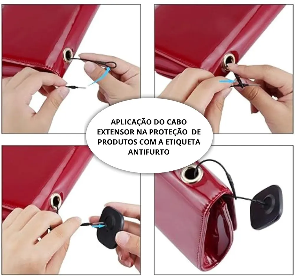 Passo a passo da aplicação do cabo extensor em uma bolsa, preso à etiqueta antifurto